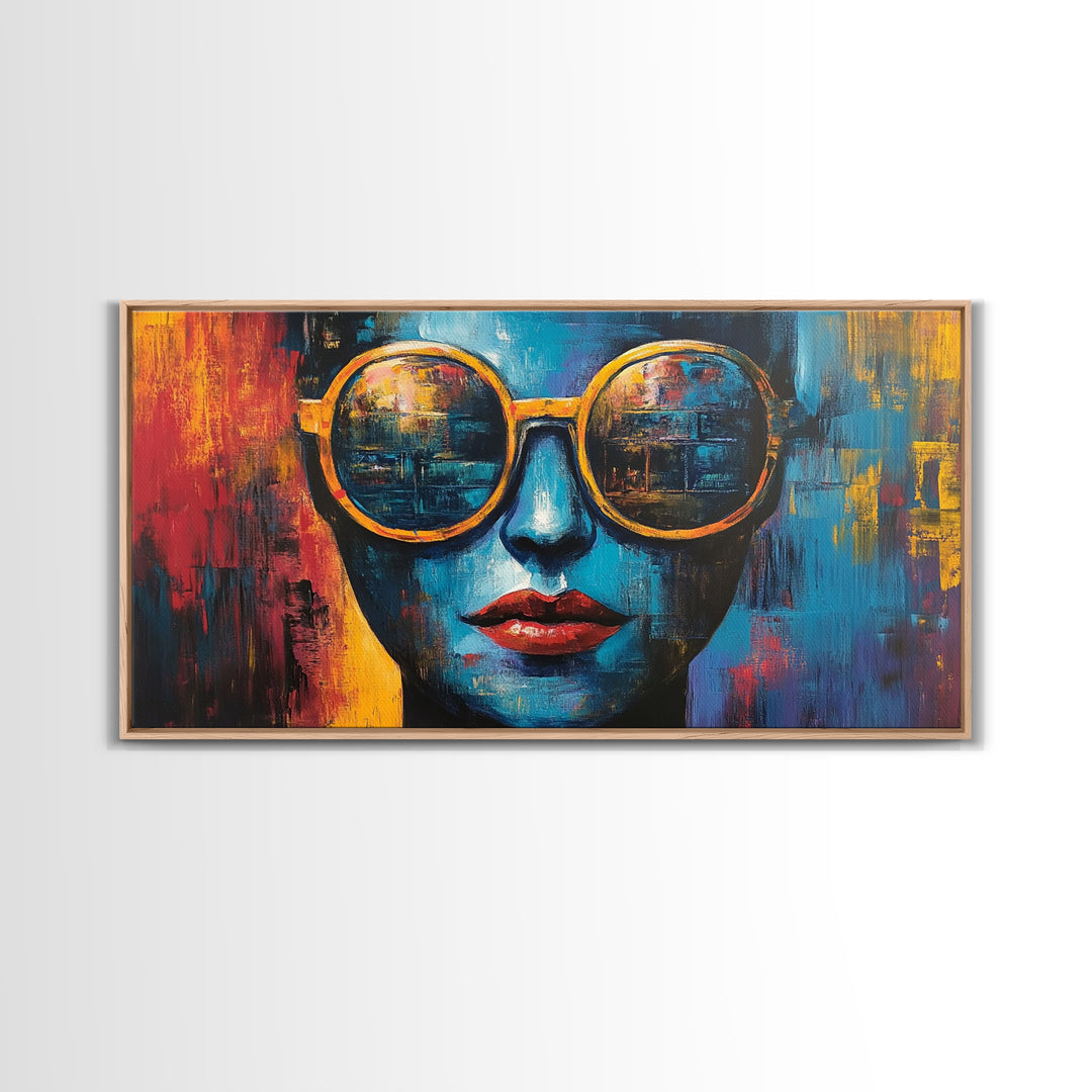 Bold Sunglasses Portrait, graffiti wall art, moody art, chicano art, abstract portrait, pop art decor, gift idea her, Canvas Print