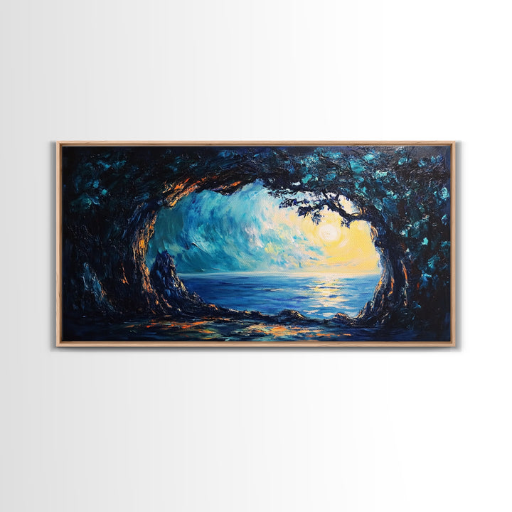 Ocean Cave, Framed Canvas Print, nautical wall art, coastal painting, extra wide painting, seascape painting, panoramic wall art