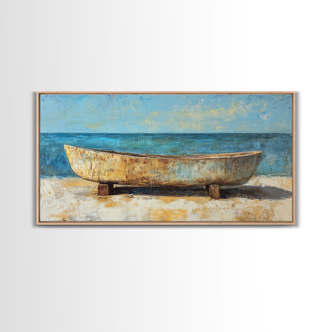 Rustic Boat, Framed Canvas Print, coastal wall art, nautical decor, rustic art, extra wide painting, panoramic painting