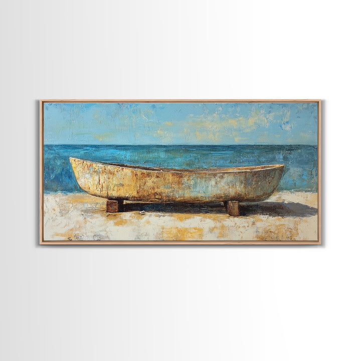 Rustic Boat, Framed Canvas Print, coastal wall art, nautical decor, rustic art, extra wide painting, panoramic painting