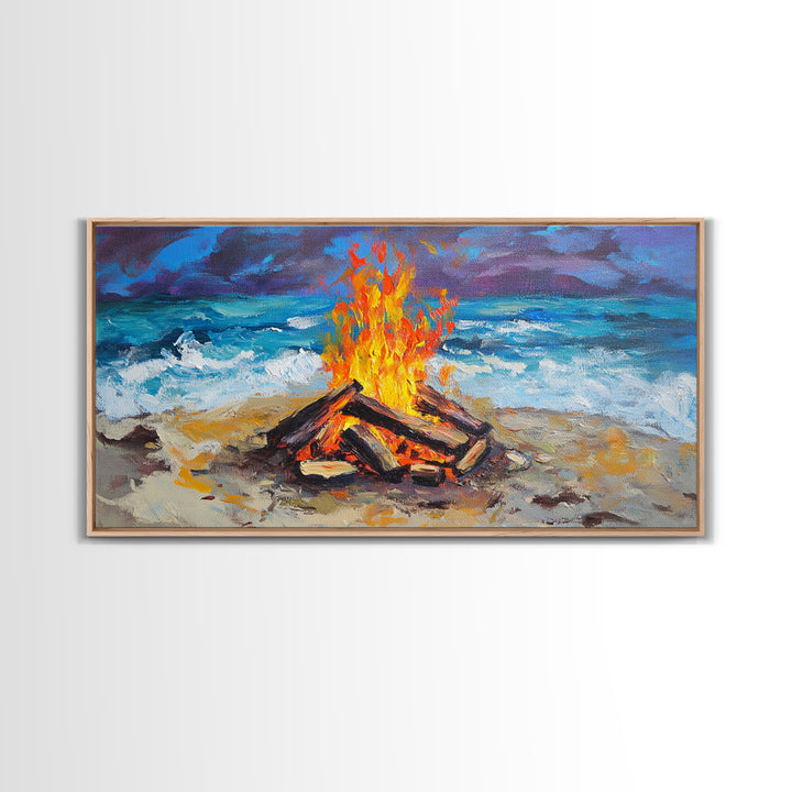 Beach bonfire, coastal decor, surf wall art, nautical painting, ocean fire, rustic wall art, horizontal wall art, canvas print, seascape