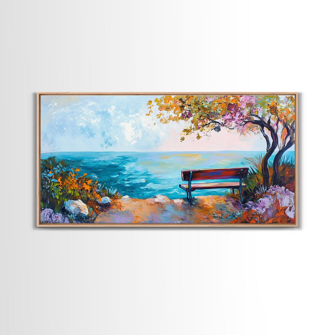 Bench, ocean view, autumn tree, Canvas Print, coastal landscape art, seascape painting, above bed wall art, extra wide art