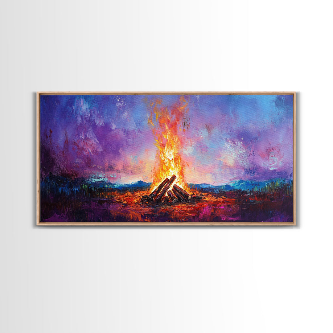 Campfire painting, rustic decor, boho art, mountain painting, cozy fire, scenic landscape, extra wide art, framed canvas print, warm glow