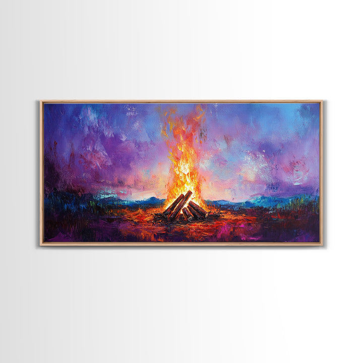 Campfire painting, rustic decor, boho art, mountain painting, cozy fire, scenic landscape, extra wide art, framed canvas print, warm glow
