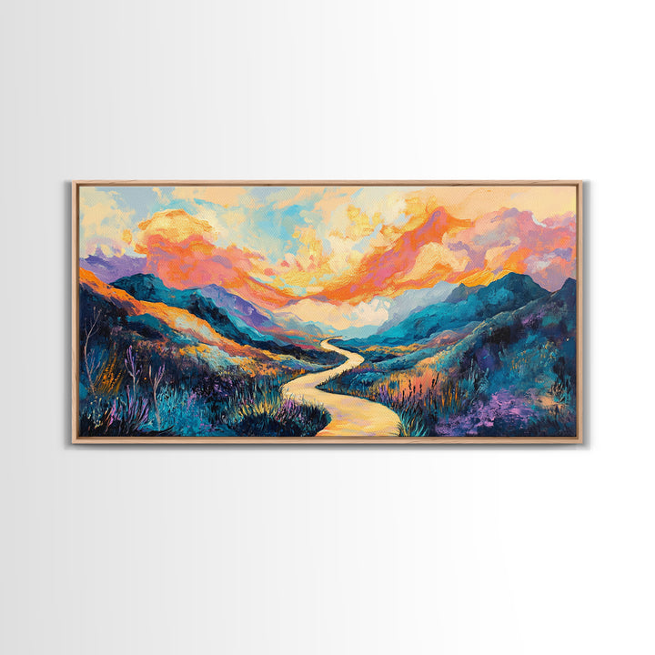Abstract Landscape, Vibrant Sunset, Mountain Painting, Canvas Print, Extra Wide Art, Panoramic Art, Bedroom Art, Above Sofa Art