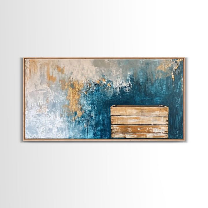 Abstract Rustic Art, Blue Gold Textured, Canvas Print, Wabi Sabi Art, Minimalist Art, Therapy Art, Extra Wide Art, Modern Decor