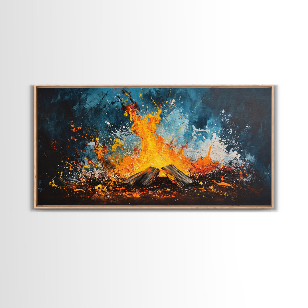 Abstract fire, moody art, geometric wall art, boho decor, flame painting, rustic wall art, extra wide art, framed canvas print, teal wall art
