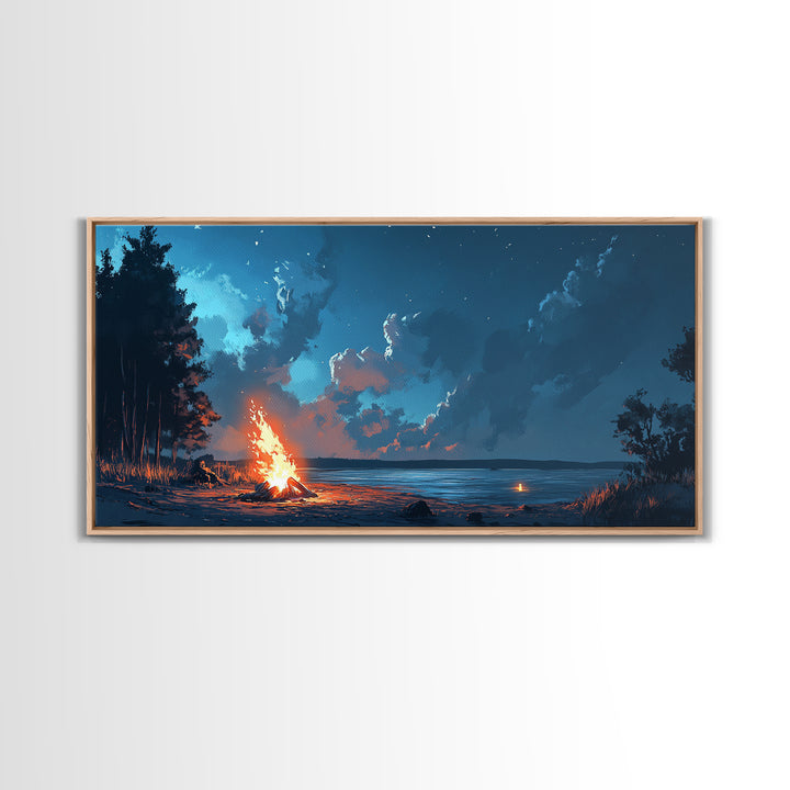 Campfire by lake, coastal decor, nautical wall art, scenic night, moody painting, extra wide art, panoramic art, canvas print, above sofa art
