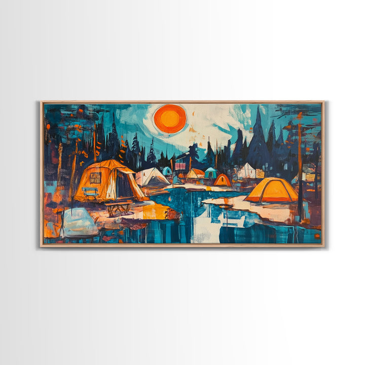 Camping painting, rustic wall art, pine tree art, mountain painting, nature lovers, warm glow, framed canvas print, wabi sabi art, moody art