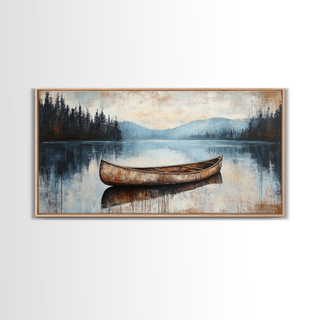 Canoe painting, lake decor, mountain painting, rustic wall art, serene landscape, farmhouse art, extra wide art, framed canvas print, nautical