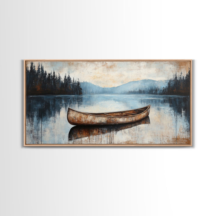 Canoe painting, lake decor, mountain painting, rustic wall art, serene landscape, farmhouse art, extra wide art, framed canvas print, nautical