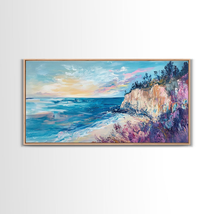 Coastal Cliffs, Sunset Ocean View, Seascape Wall Art, Coastal Landscape Art, Nautical Decor, Framed Canvas Print, Extra Wide Art
