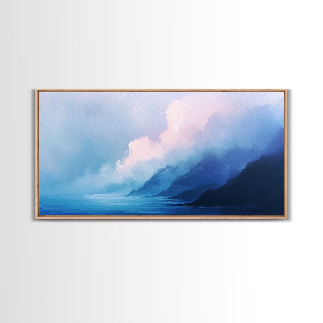 Blue Mountain Mist, Moody Landscape, Coastal Landscape Art, Minimalist Art, Extra Wide Art, Framed Canvas Print, Living Room Art