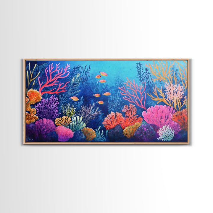 Coral Reef, ocean painting, whimsical art, koi fish painting, marine life art, vibrant wall art, coastal decor, Framed Canvas Print