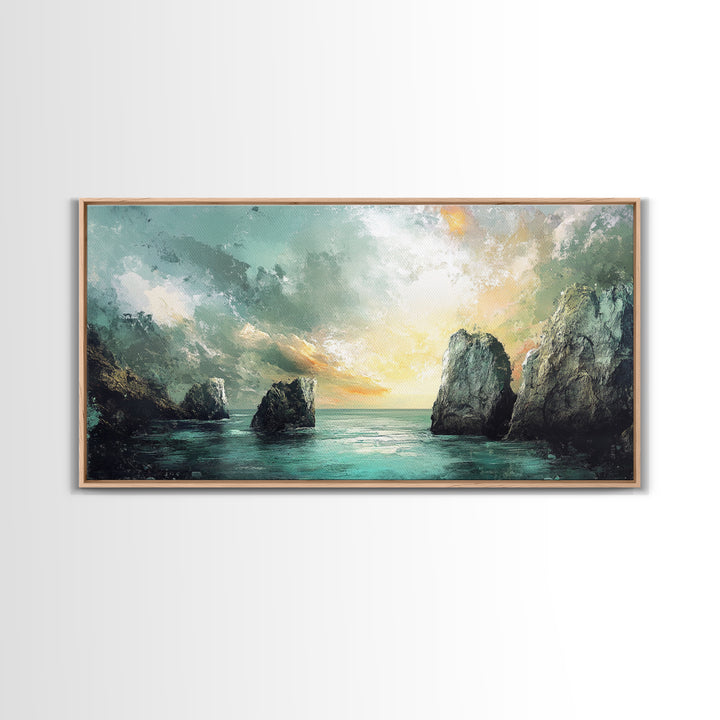 Ocean Cliffs, landscape painting, nautical wall art, moody art, wabi sabi art, extra wide art, textured art, Framed Canvas Print