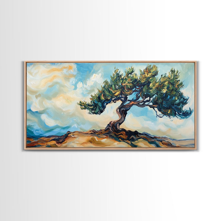 Oak Tree Art, Landscape Painting, Windy Tree Art, Wabi Sabi Art, Rustic Wall Art, Nature Wall Art, Living Room Art, Framed Canvas Print