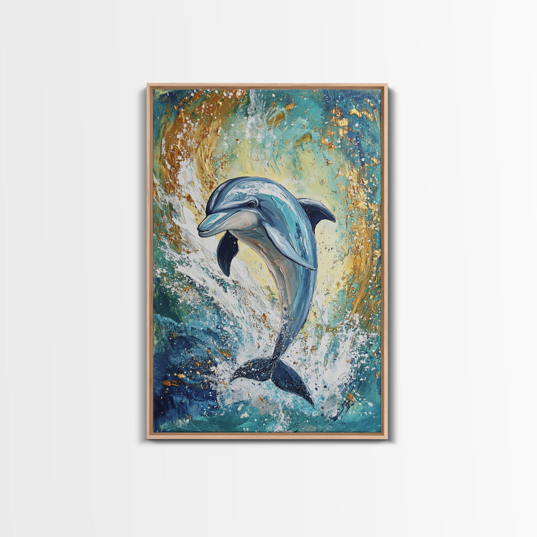 Dolphin, ocean painting, coastal wall art, nautical painting, framed canvas print, blue and green wall art, sea life decor