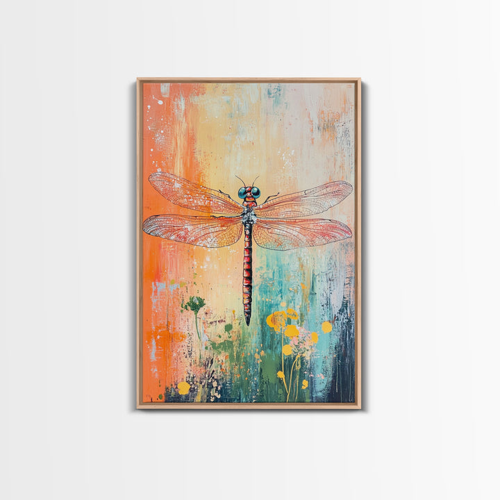 Dragonfly, botanical prints, whimsical art, light pink wall art, framed canvas print, nature art, boho decor, insect artwork