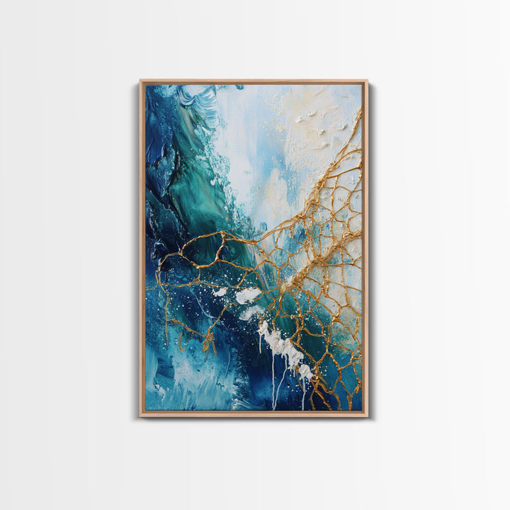 Abstract Ocean Painting, Coastal Wall Art, Blue and Gold Art, Nautical Decor, Contemporary Seascape, Canvas Print