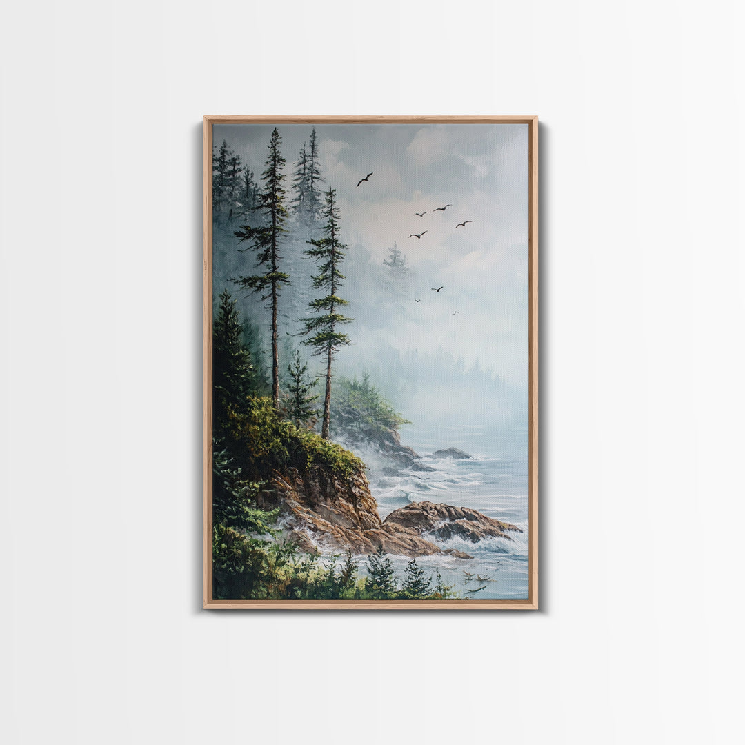 Coastal Cliff, ocean waves, pine tree art, landscape painting, coastal wall art, rustic decor, framed canvas print, nautical art