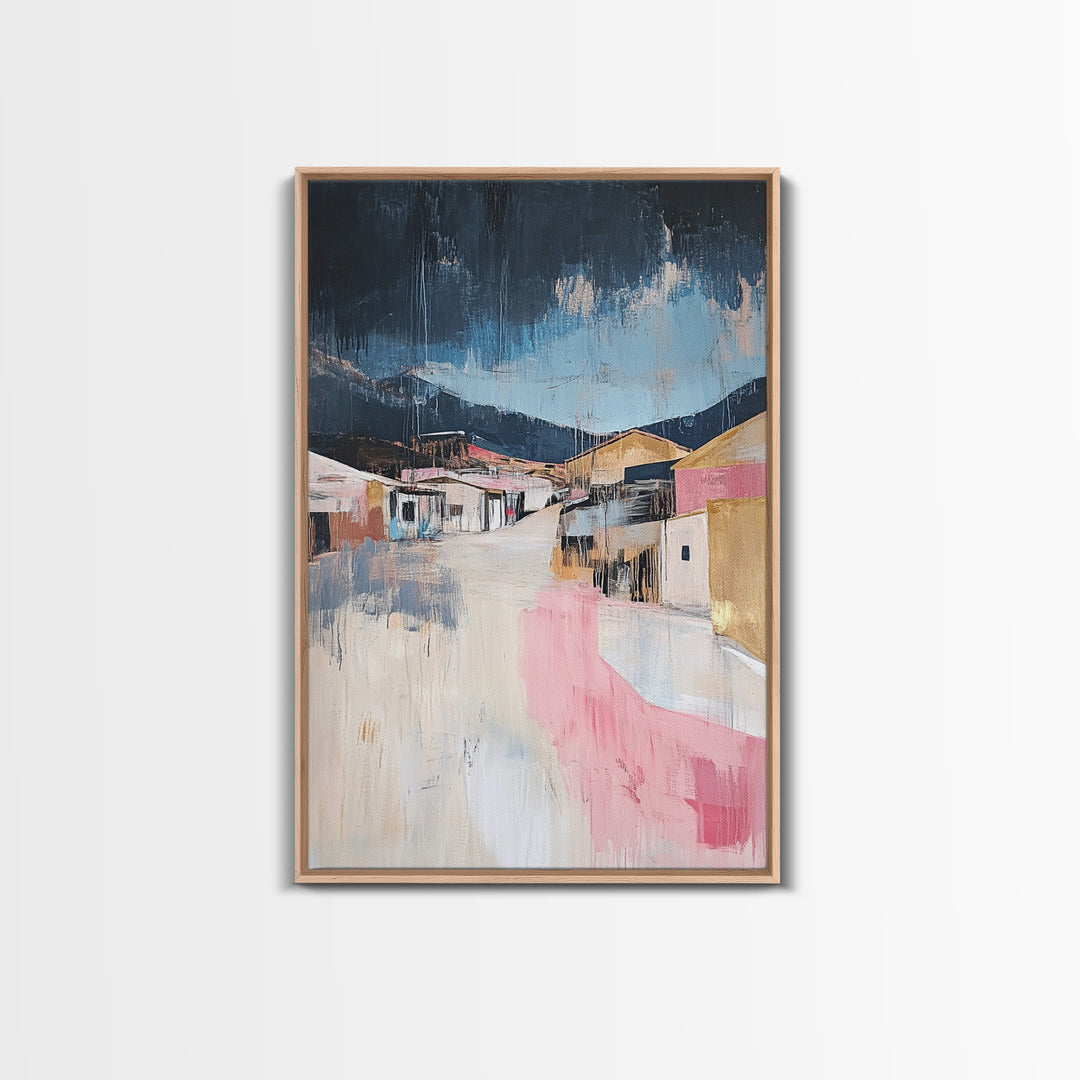 Desert Village, southwest wall art, moody art, warm tones, rustic decor, Joshua tree art, framed canvas print, abstract landscape