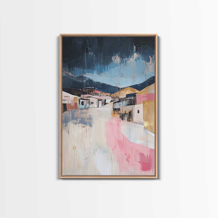 Desert Village, southwest wall art, moody art, warm tones, rustic decor, Joshua tree art, framed canvas print, abstract landscape