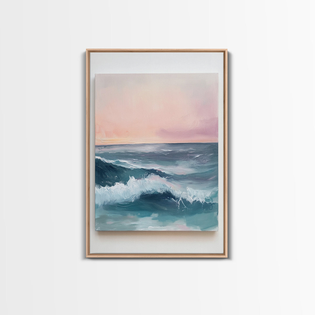 Ocean Sunset Waves, coastal decor, nautical painting, pink orange wall art, coastal landscape art, Canvas Print