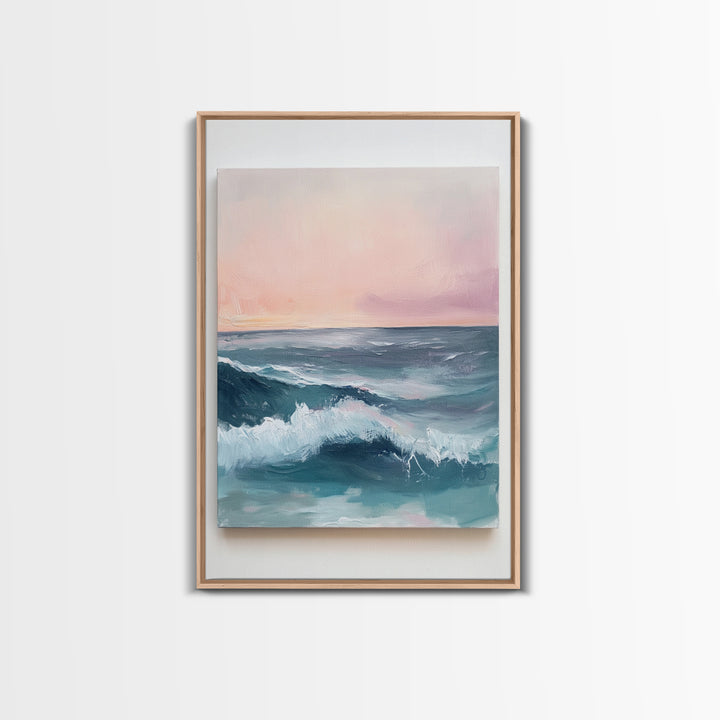 Ocean Sunset Waves, coastal decor, nautical painting, pink orange wall art, coastal landscape art, Canvas Print