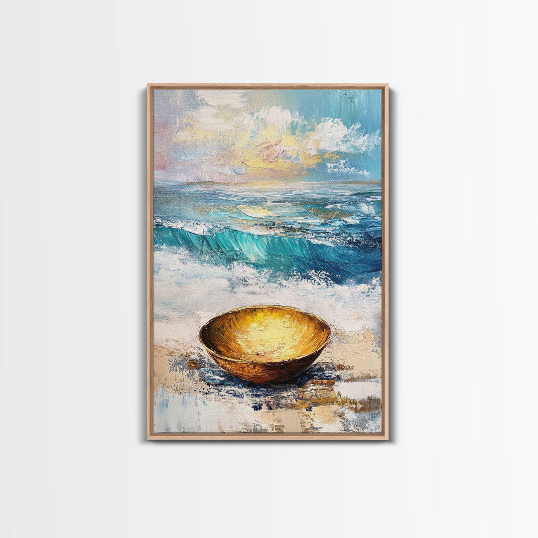 Ocean and Golden Bowl, coastal decor, nautical wall art, rustic wall art, abstract painting, seascape painting, Canvas Print