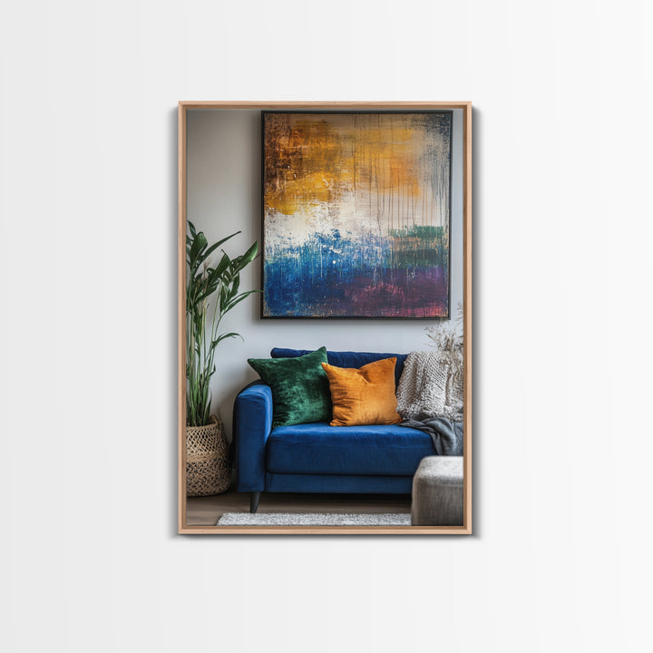 Abstract Color Drip, moody art, pink orange wall art, geometric wall art, bold living room art, Framed Canvas Print