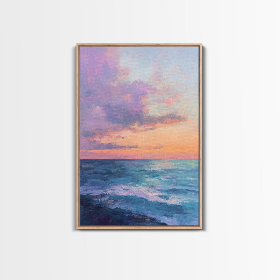 Ocean Sunset View, coastal landscape art, pink orange wall art, seascape painting, framed canvas print, bedroom art, nautical decor
