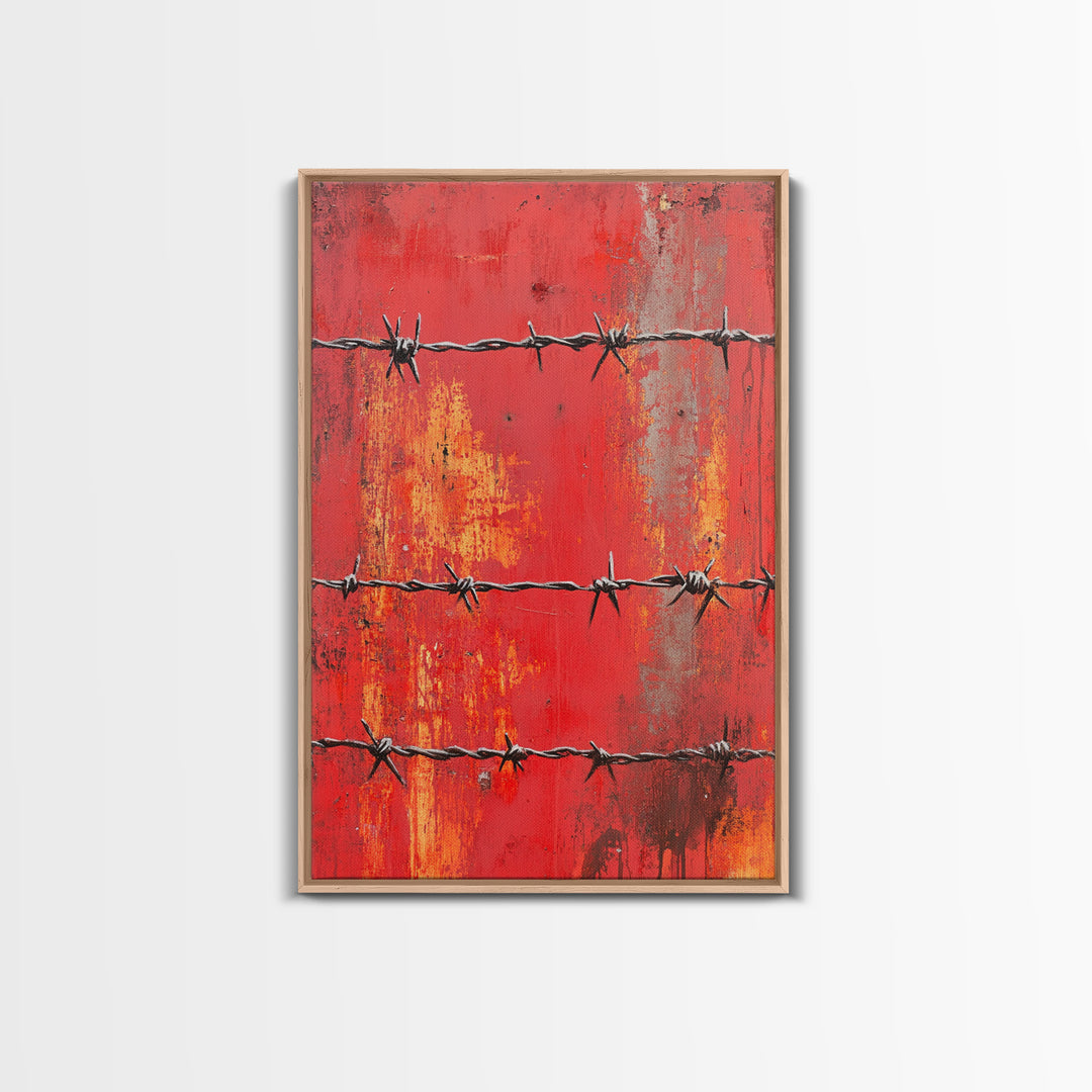 Barbed Wire, Chicano Art, Industrial Wall Art, Rustic Decor, Moody Art, Red Abstract Art, Framed Canvas Print, Gift Idea