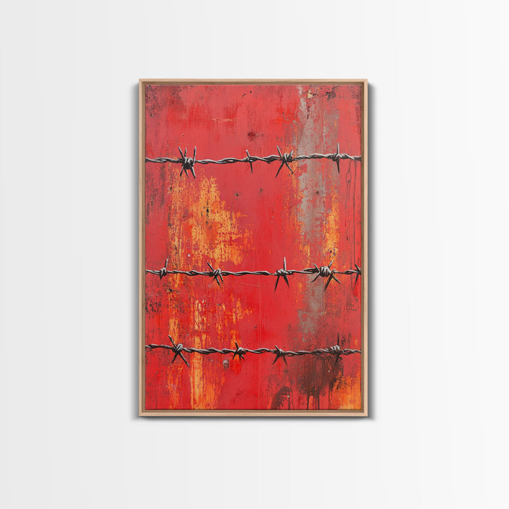 Barbed Wire, Chicano Art, Industrial Wall Art, Rustic Decor, Moody Art, Red Abstract Art, Framed Canvas Print, Gift Idea