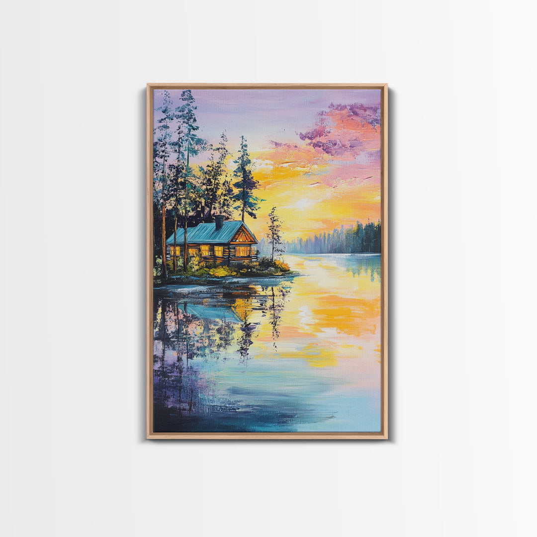 Cabin, Lake, Sunset, Framed Canvas Print, landscape painting, rustic wall art, above bed wall art, pine tree art, above sofa art