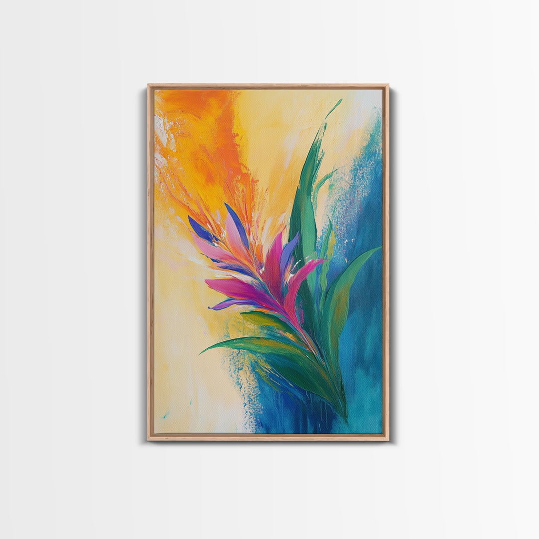 Bird of Paradise, Floral, Vibrant, Framed Canvas Print, botanical prints, tropical art, wildflower painting, boho art, pink orange wall art