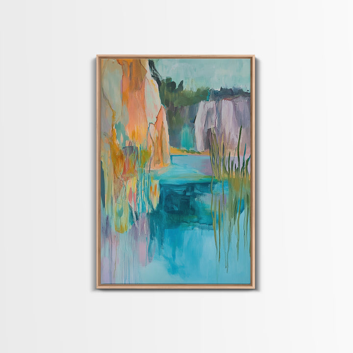 Abstract Landscape, blue and green wall art, horizon painting gray white, rustic art, gift idea for her, Framed Canvas Print