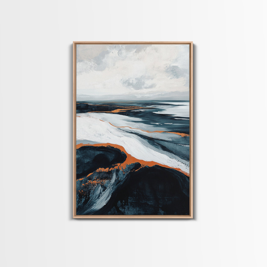 abstract seascape painting, blue and green wall art, modern coastal decor, wabi sabi art, Framed Canvas Print, extra wide art, moody art