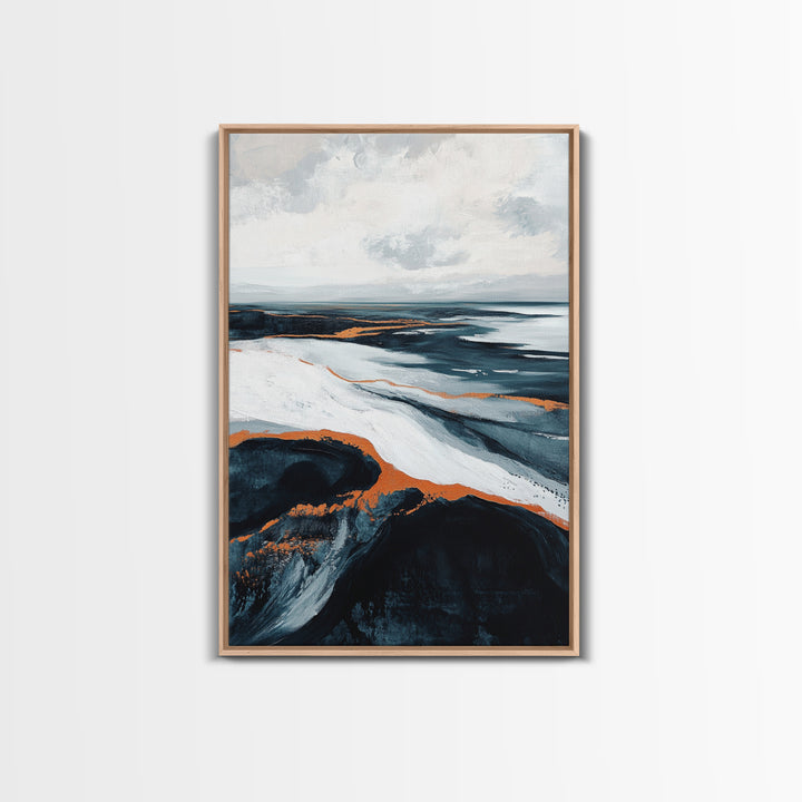 abstract seascape painting, blue and green wall art, modern coastal decor, wabi sabi art, Framed Canvas Print, extra wide art, moody art