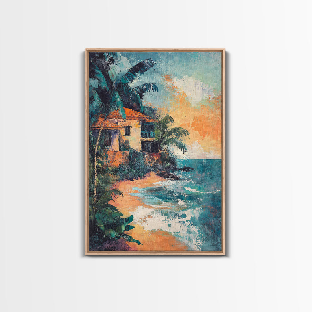 Coastal House, Tropical Art, Nautical Wall Art, Seascape Painting, Canvas Print, Palm Tree Art, Rustic Decor, Coastal Cowgirl Wall Art