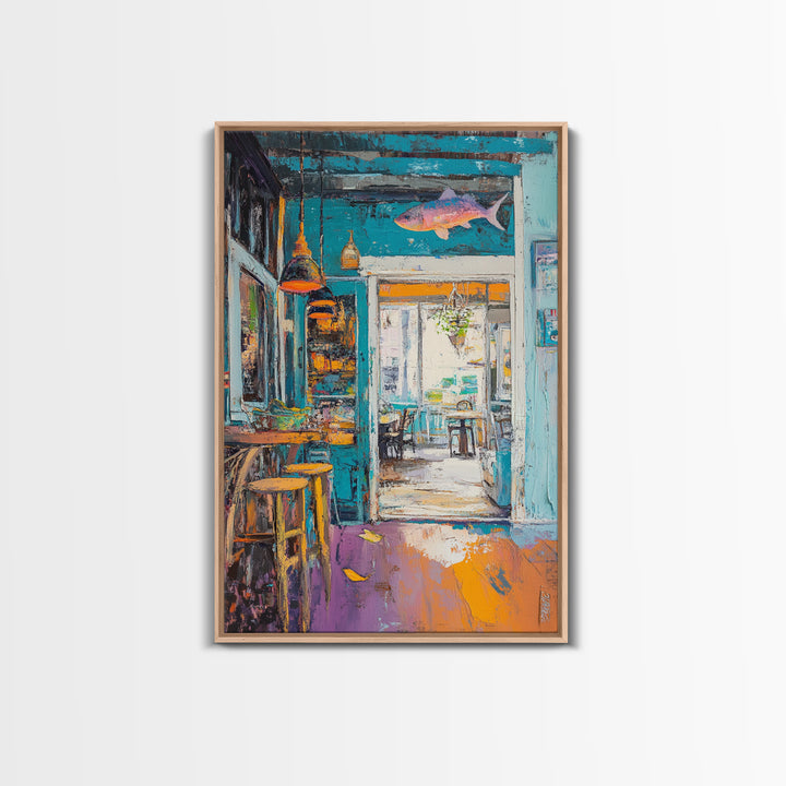 Rustic Bar Painting, Food Review Kitchen Art, Coastal Landscape Art, Canvas Print, Whimsical Art, Nautical Decor, Living Room Art