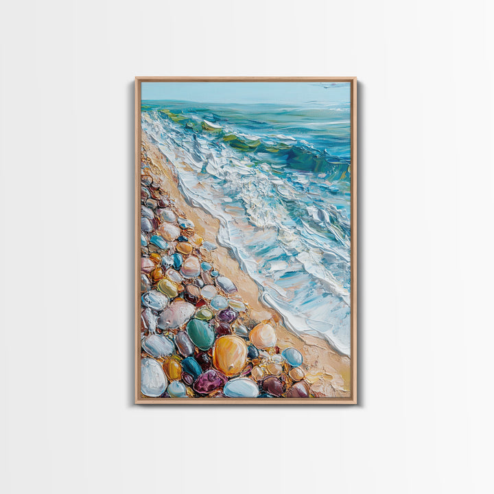 Ocean Shore, beach painting, coastal landscape art, nautical wall art, living room art, abstract seascape, framed canvas print