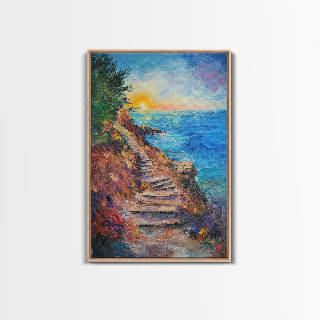 Coastal Path, landscape painting, nautical wall art, above sofa art, rustic decor, ocean view art, textured painting, canvas print