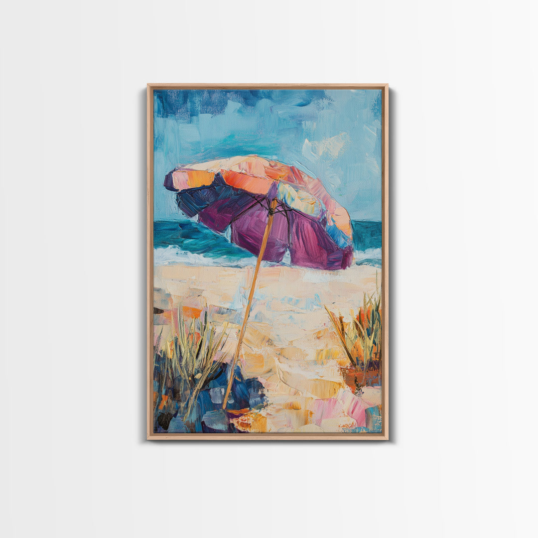 Beach Umbrella, Coastal Wall Art, Seascape Painting, Nautical Decor, Ocean Painting, Coastal Landscape Art, Framed Canvas Print