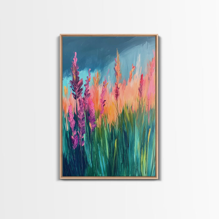 Wildflower Painting, poppy wall art, pink orange wall art, floral landscape, botanical prints, framed canvas print, rustic wall art