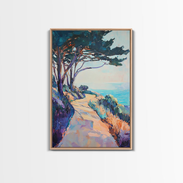 Ocean Cliff Path, coastal landscape art, pine tree art, rustic wall art, blue and green wall art, framed canvas, above bed wall art