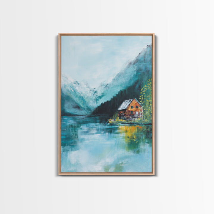 Cabin by Lake, lake Tahoe art, mountain painting, rustic wall art, bedroom art, nature wall art, framed canvas print, home decor