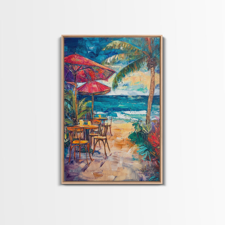 Beach Café, Coastal Landscape Art, Nautical Wall Art, Ocean Art, Seascape Painting, Coastal Decor, Canvas Print, Above Sofa Art