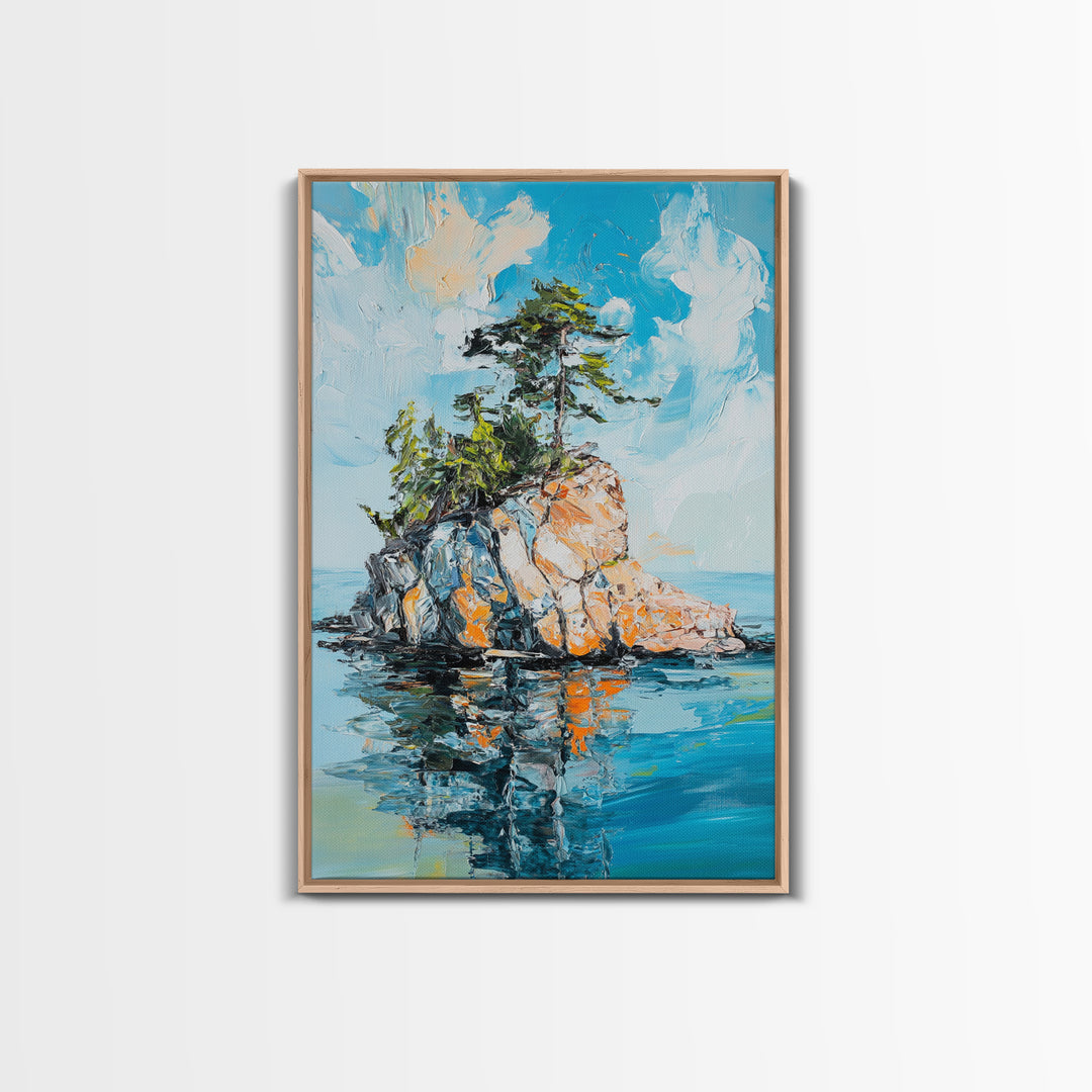 Rocky Island, Nature Painting, Canvas Print, Coastal Landscape Art, Ocean Wall Art, Nautical Decor, Living Room Art, Gift Idea