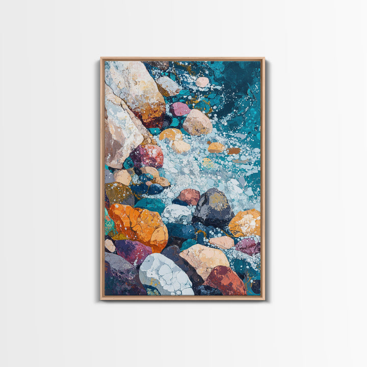 Pebble Beach, Ocean Painting, Canvas Print, Coastal Wall Art, Nautical Decor, Whimsical Art, Abstract Nature Art, Gift Idea