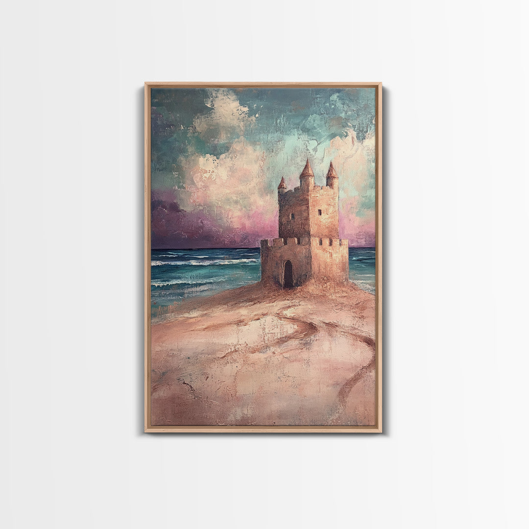 Fantasy Castle Framed Canvas Print Dreamy Coastal Art, Whimsical Beach Painting, Living Room Wall Decor, Pastel Ocean Landscape